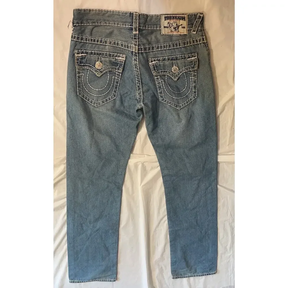True Religion World Tour Distressed Jeans Men's Size 32 Straight Light Wash